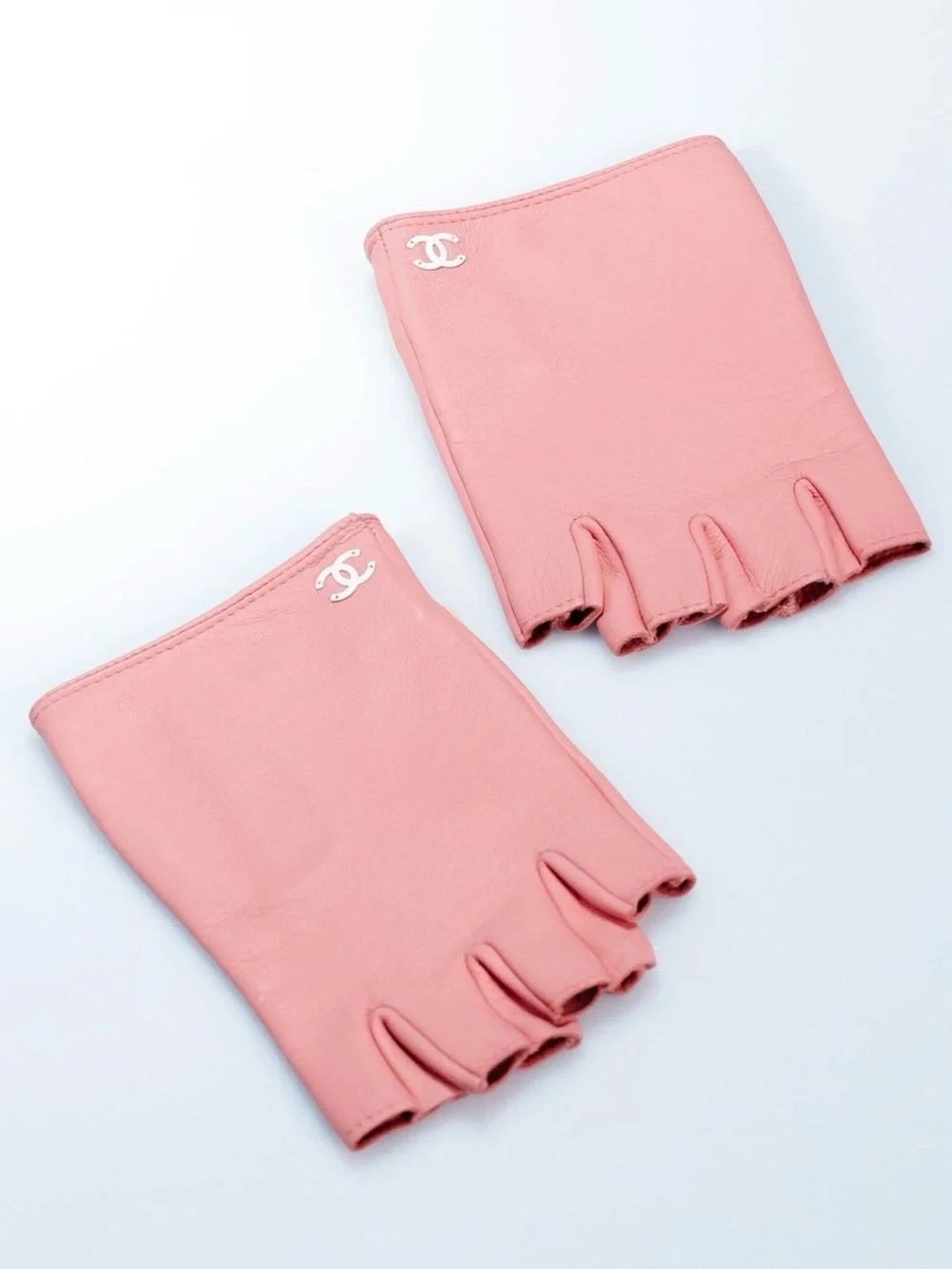 CHANEL Letters Pink White Leather Fingerless Gloves 7.5